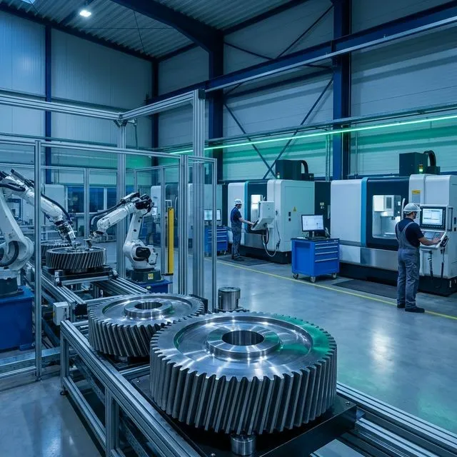 Planta industrial con engranajes y maquinaria CNC